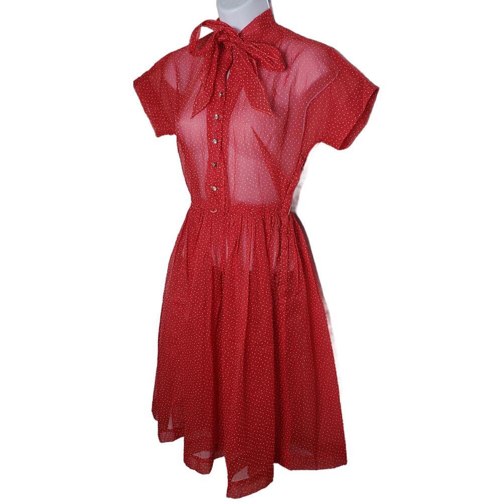 Vintage Unbranded Women's Small Sheer Red Polkadot Fit Flare Dress (1860) - Picture 2 of 8
